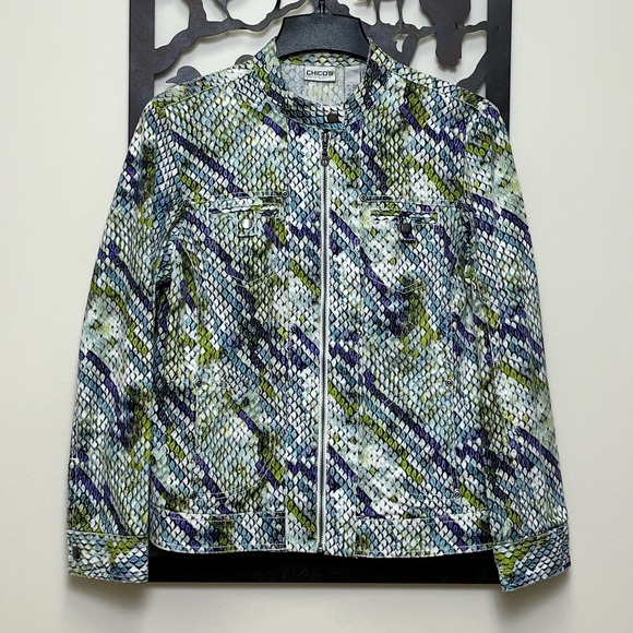 Chicos Moto Style Snake Denim Style Jacket Medium Coat Size 2 - Picture 2 of 5